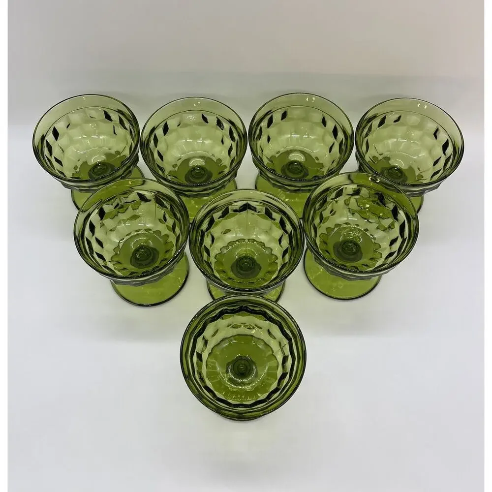 8 Vintage Indiana Whitehall Colony Cube Glass Sherbets Avocado Green